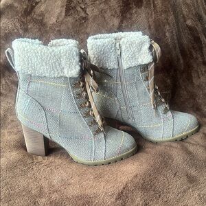 Sequence Plaid Tweed Fur Boots